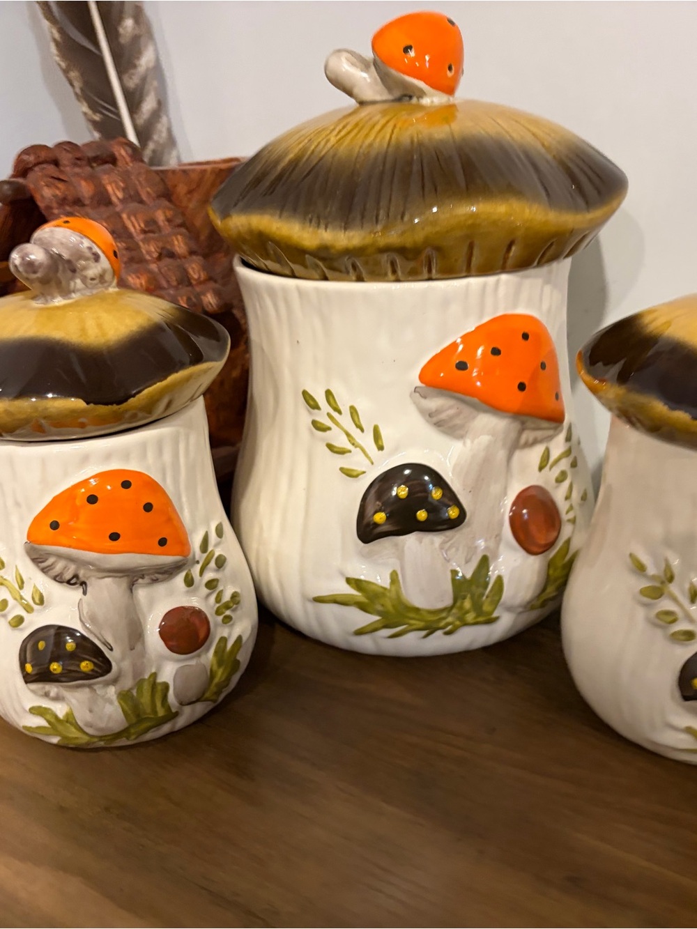 Hand-Painted Ceramic Merry Mushroom Canister Set in Orange and Brown